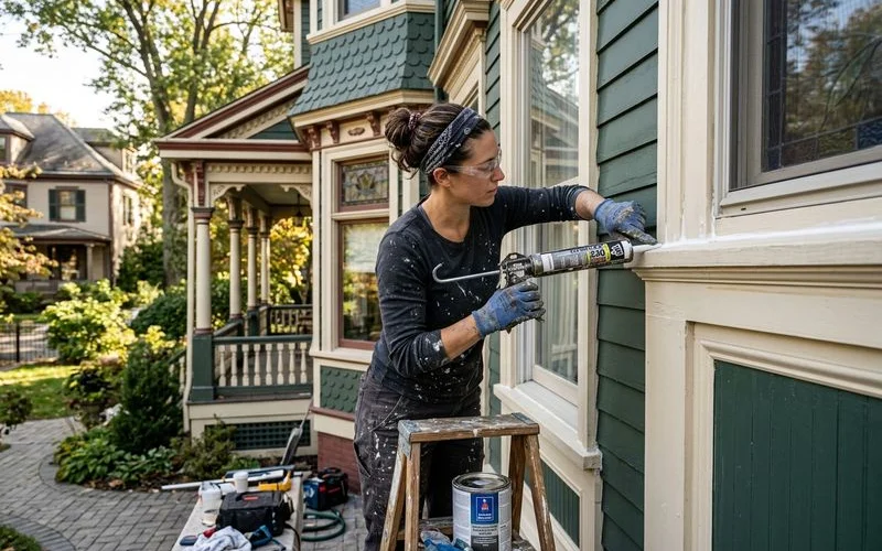 Painter prepping trim on Montclair Victorian
