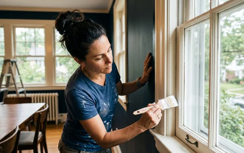 Painter cutting in trim in Montclair NJ dining room
