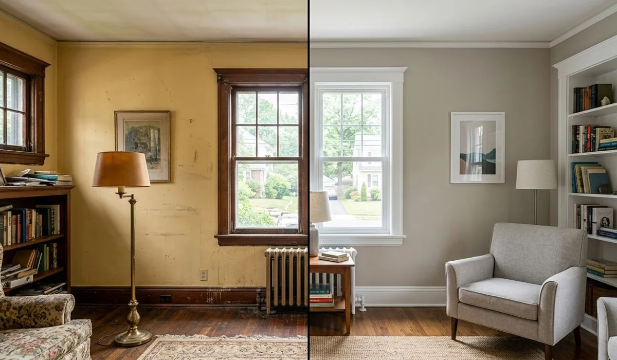 Before-and-after split: dated yellow walls to modern neutral