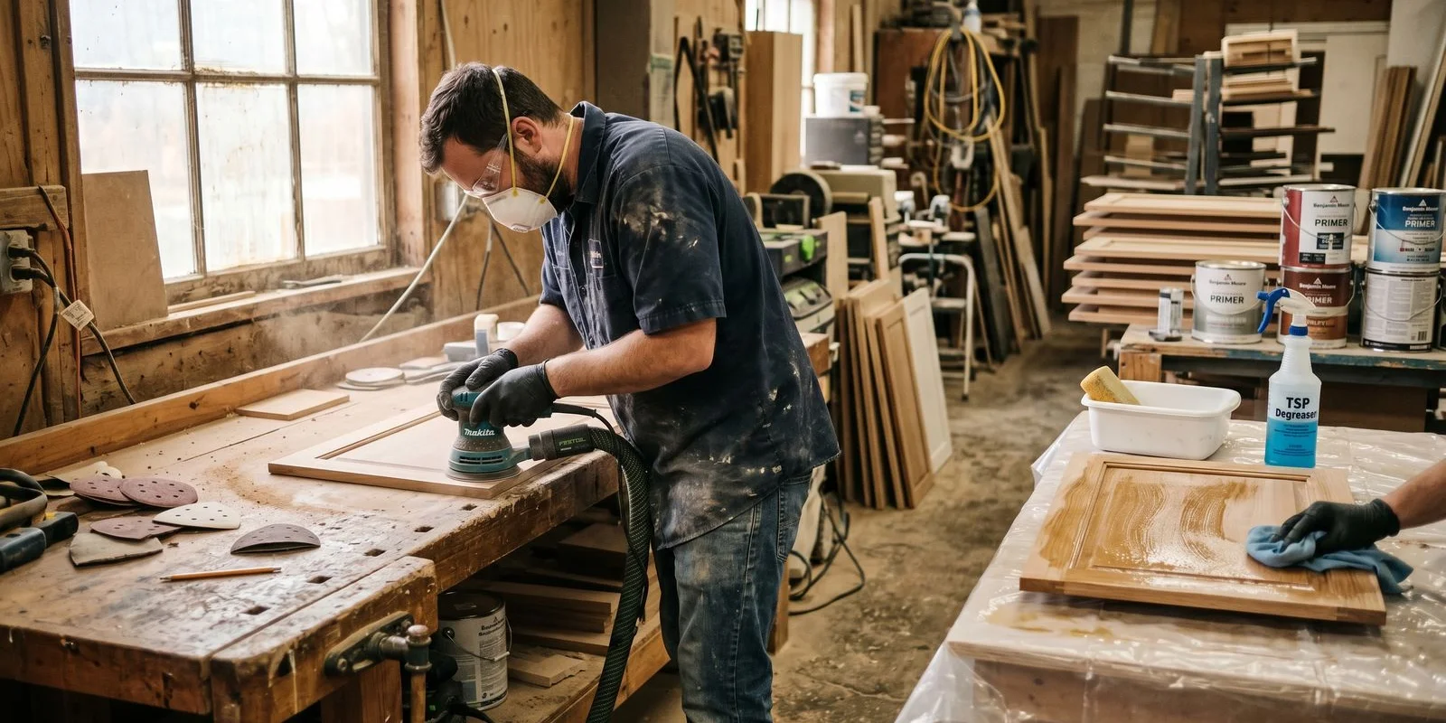 Cabinet doors being degreased and sanded