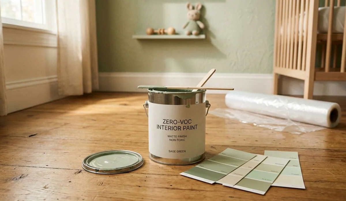 Zero-VOC paint can with swatches
