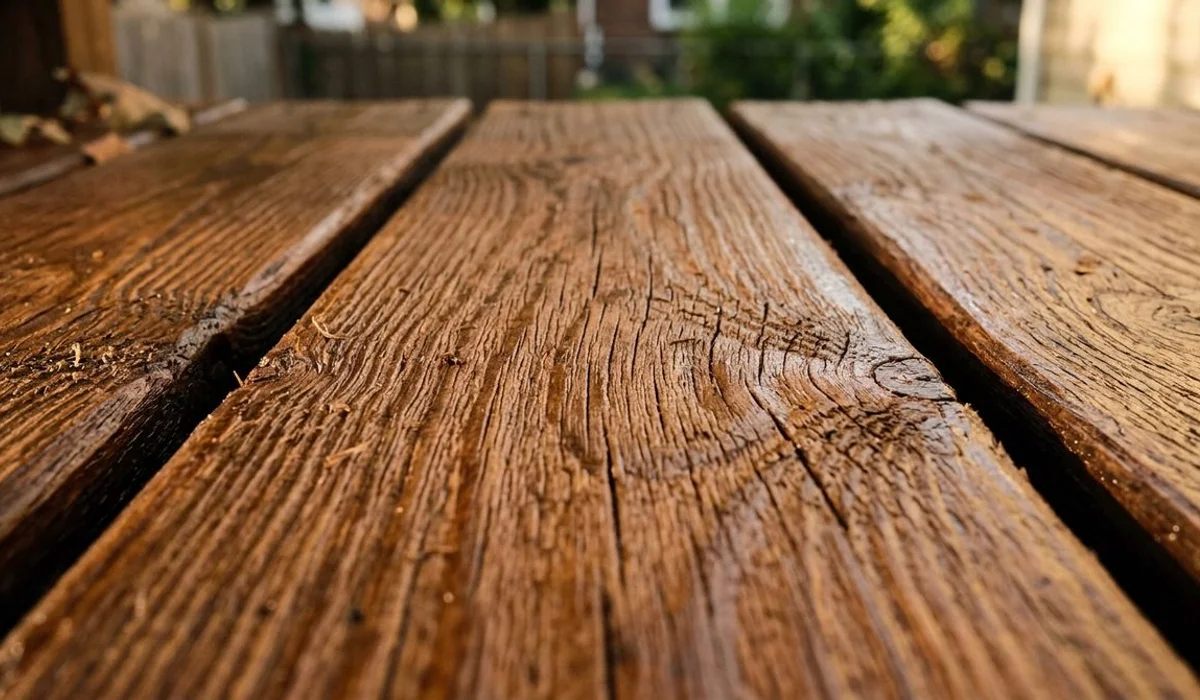 Freshly stained deck showing wood grain