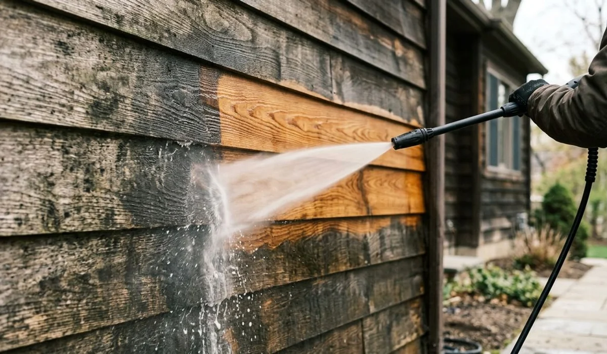 Pressure wash removing grime from cedar