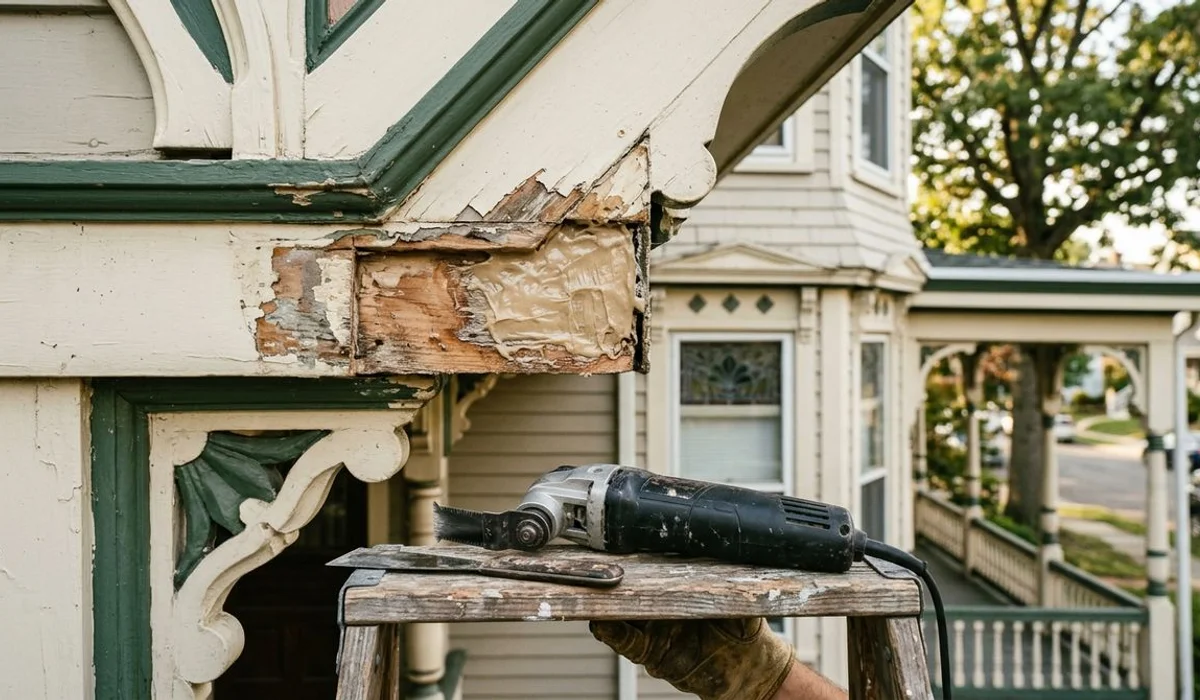 Wood rot cut out and epoxy-filled