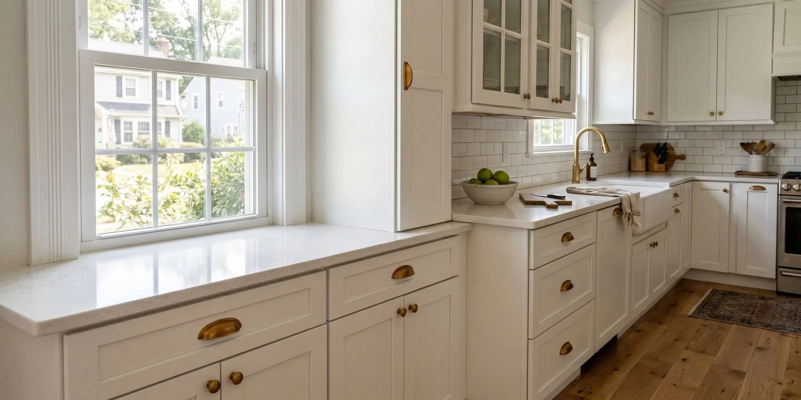 Freshly painted white Shaker cabinets in Nutley