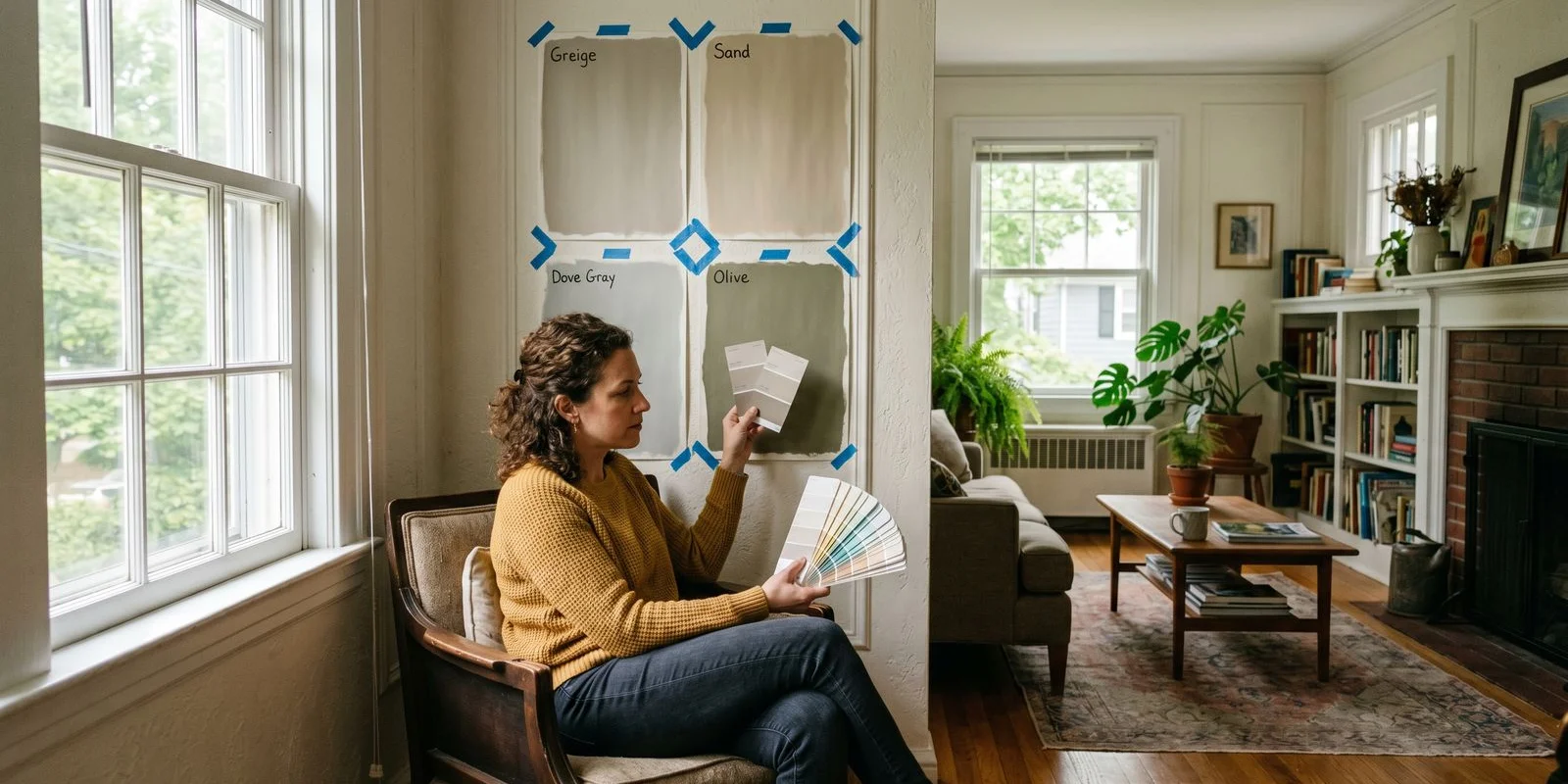 Homeowner reviewing paint swatches in natural light