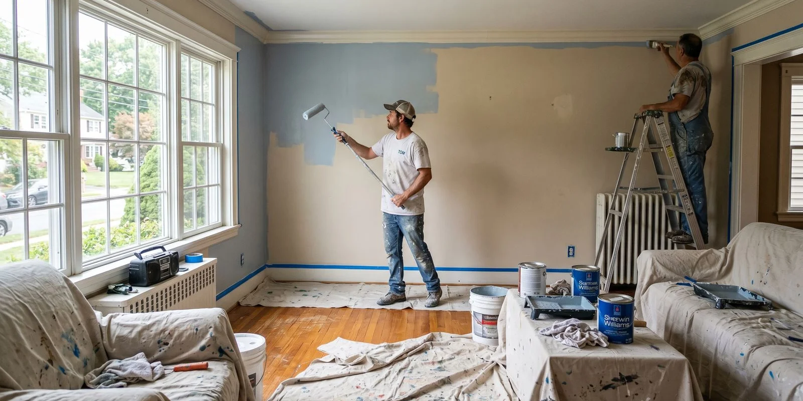 Interior painting crew mid-project in a Nutley NJ living room