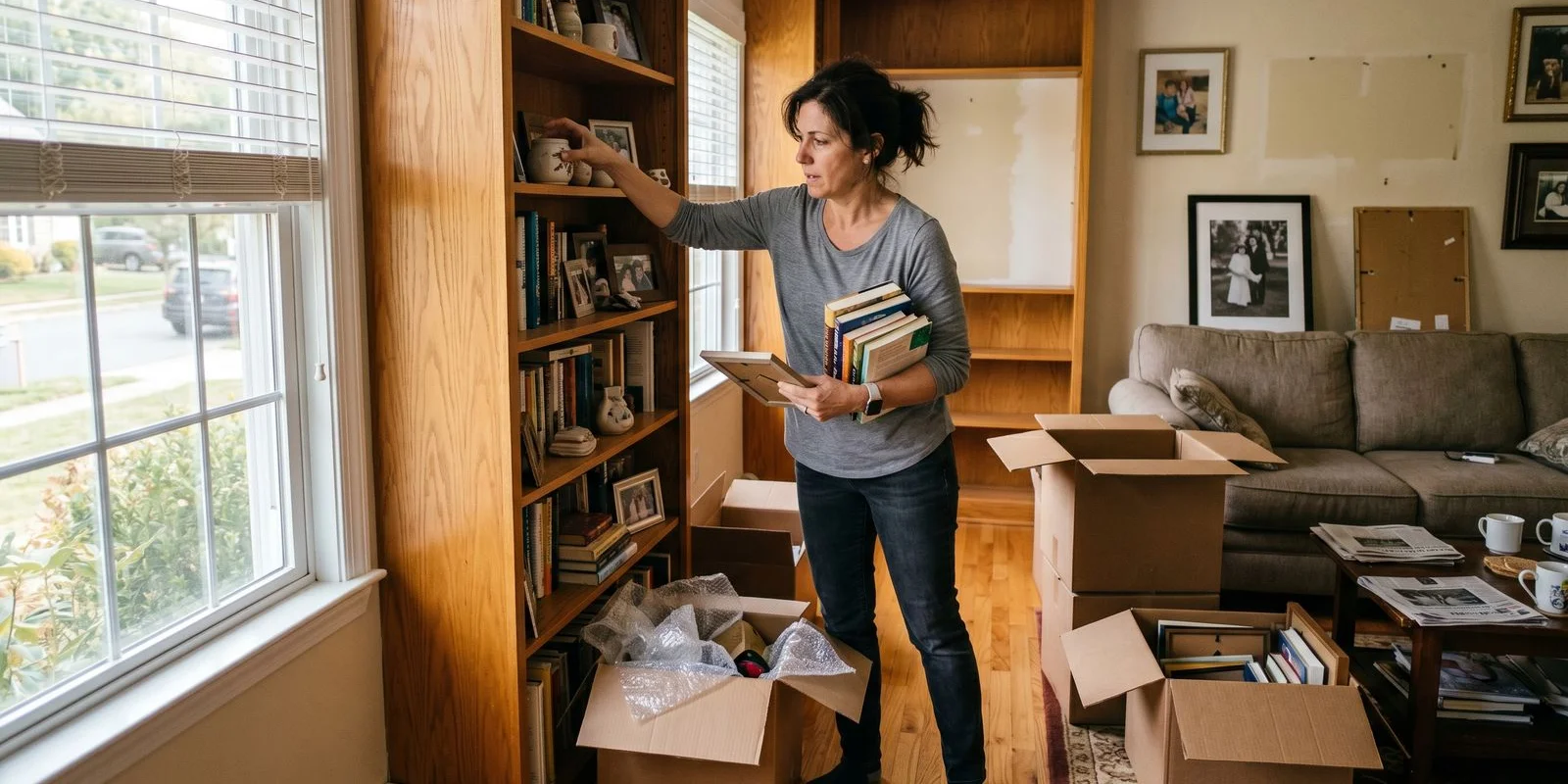 Homeowner preparing living room for painters