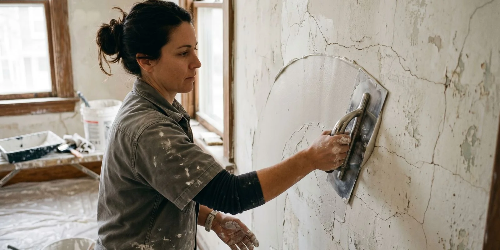 Skim-coating plaster wall in a Montclair NJ home