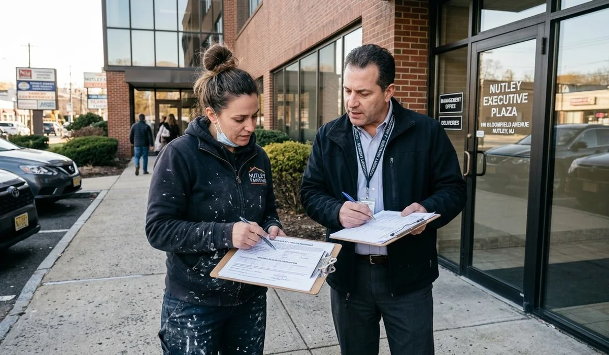 Painter + property manager reviewing COI at site