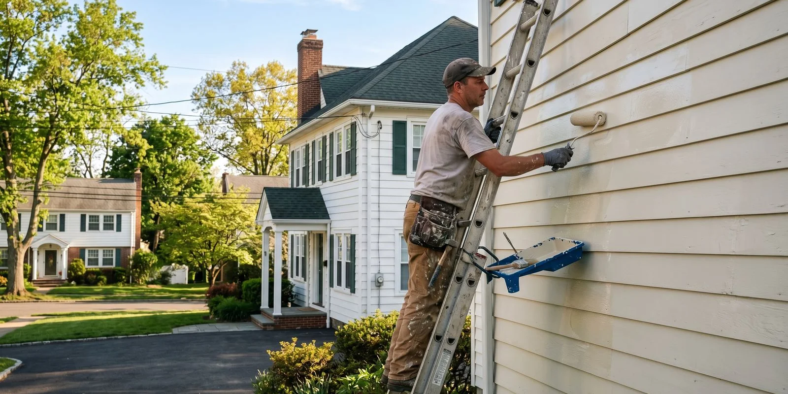 Exterior painting on Nutley NJ colonial in late spring