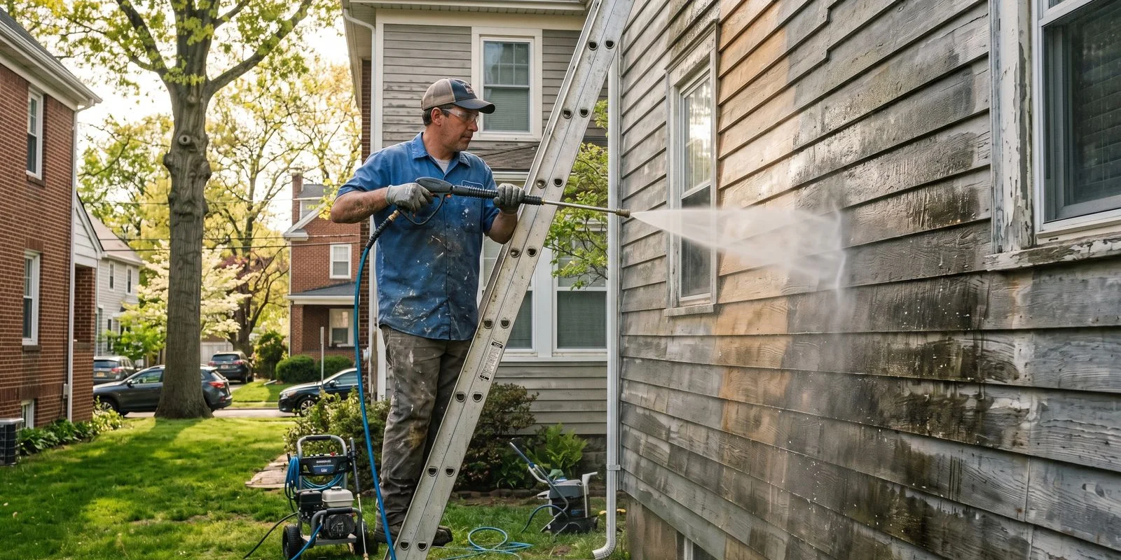Pressure washing wood siding before paint prep