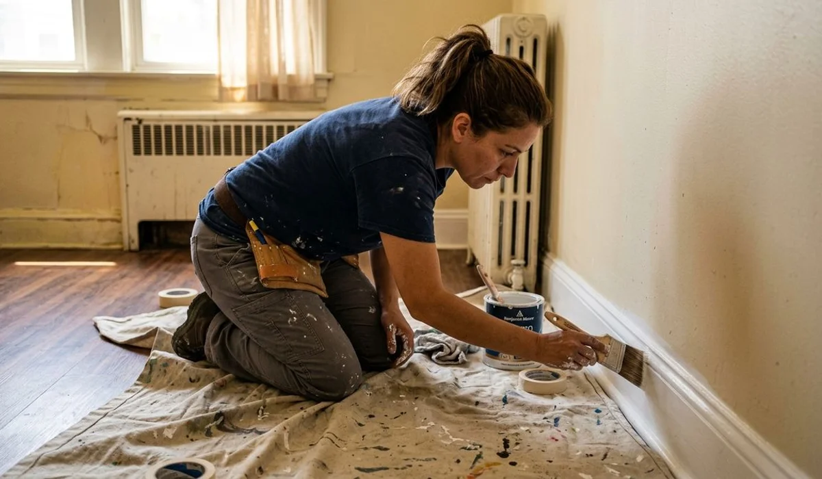 Painter finishing baseboards in Clifton rental