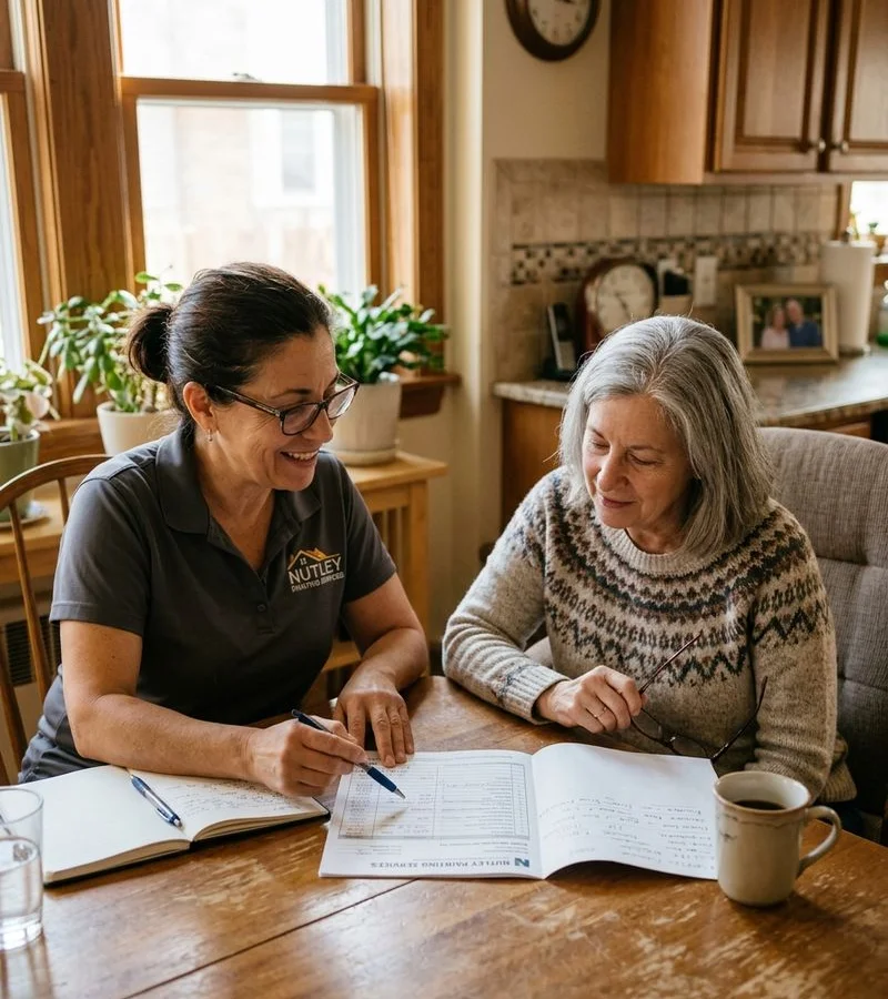 Owner meeting with Nutley homeowner at kitchen table reviewing estimate