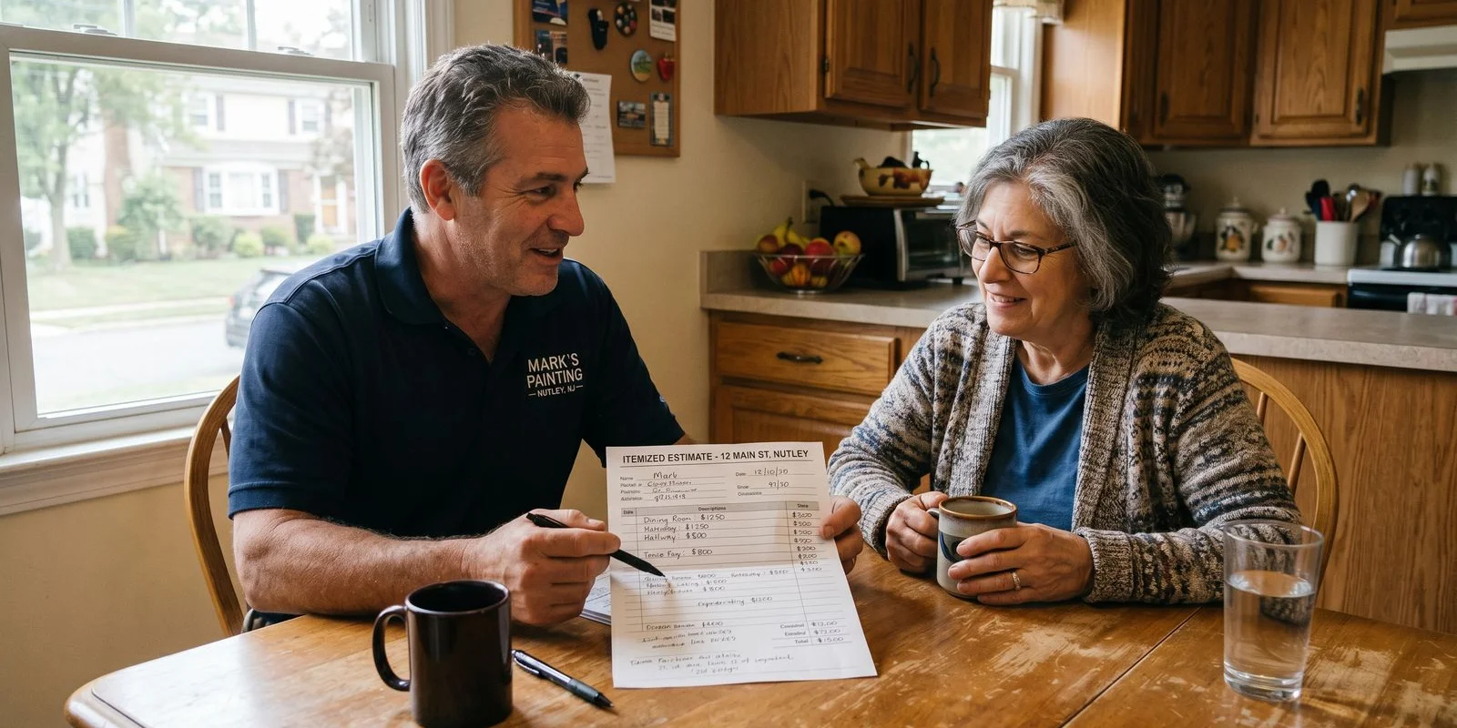 Painter reviewing itemized written estimate with Nutley NJ homeowner